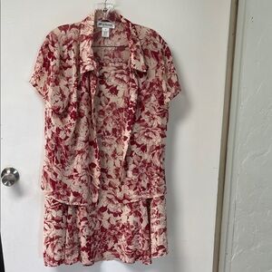 Rena Rowan Red and Cream Floral Button Down Shirt and Skirt Set